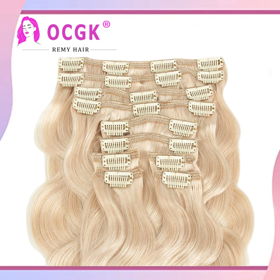 OCGK corps vague pince dans les Extensions de cheveux pour les femmes blond clair ondulé pince Ins pleine tête Remy cheveux humains 14-28 pouces 10 pièces/ensemble