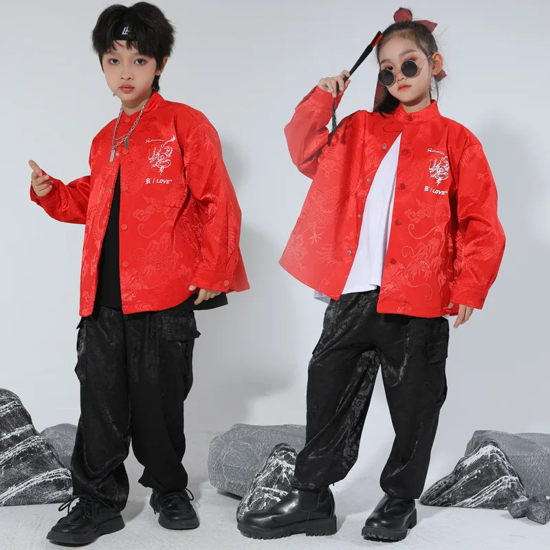 Kinderkostüme, rote Hip-Hop-Performance-Kostüme für Männer und Frauen im chinesischen Stil, Trommelsets, Street-Dance-Kleidung für Kinder