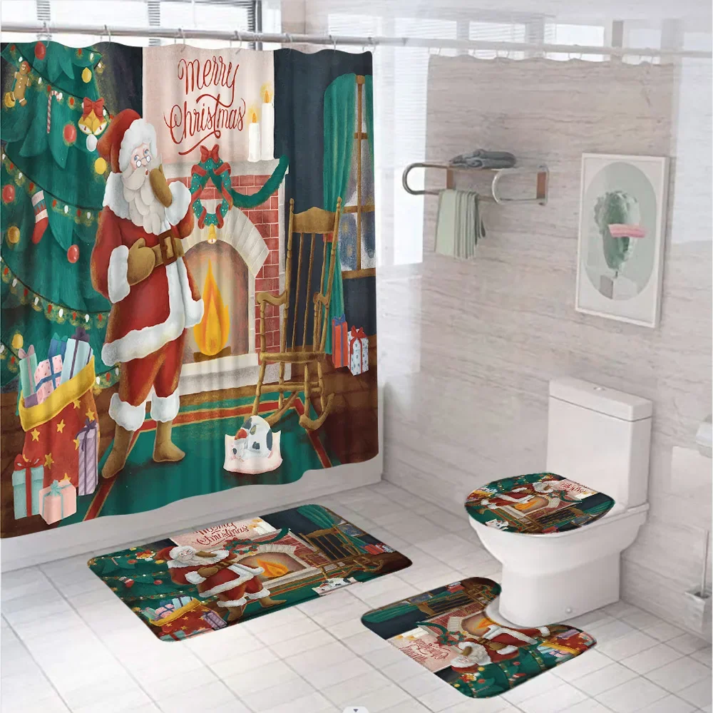 Christmas Santa Claus Snowmen Waterproof Shower Curtain Non-Slip Rug Toilet Lid Cover Bath Mat Bathroom Decor Xmas Accessory Set