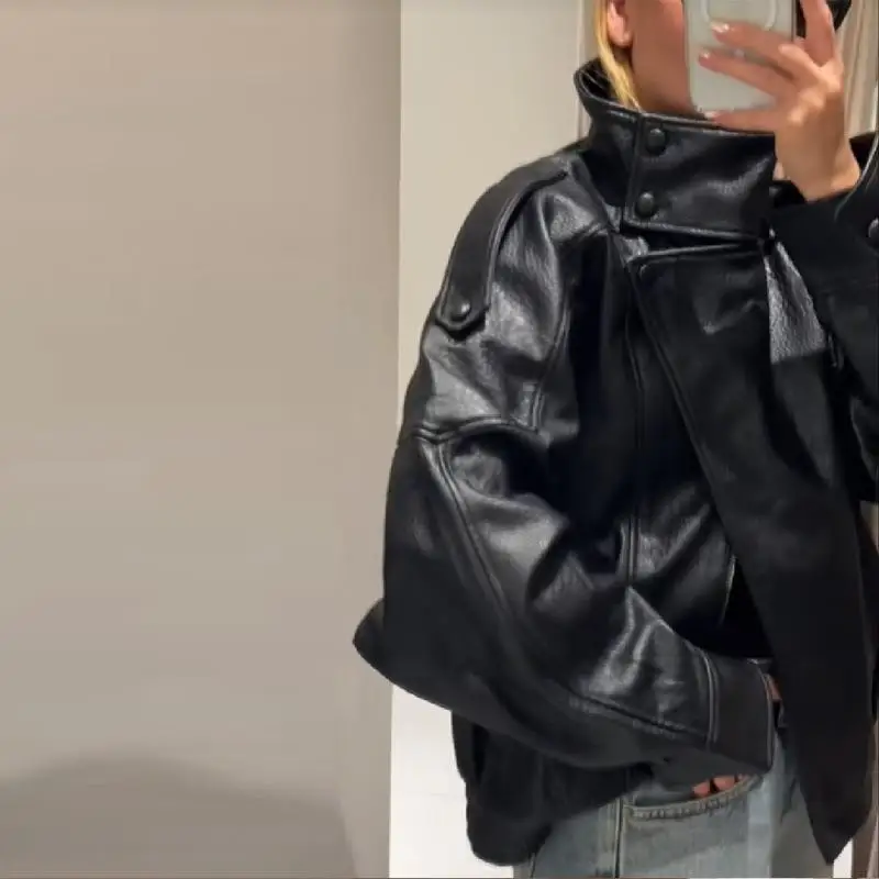 Modna kurtka skórzana z stójką, odzież wierzchnia damska, jesień 2025, moda transgraniczna, długi rękaw, materiał podobny do jedwabiu.