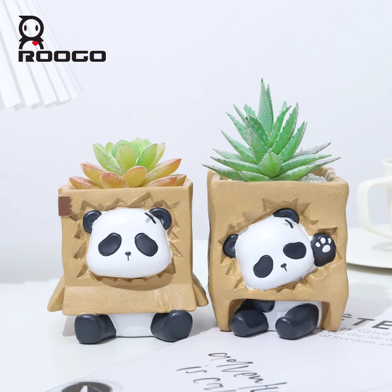 Roogo Animal Figurine Succulent Plant Pot Creative Home Decor Panda with Box Resin Flowerpots Pen Brush Holder Cactus Bonsai Pot