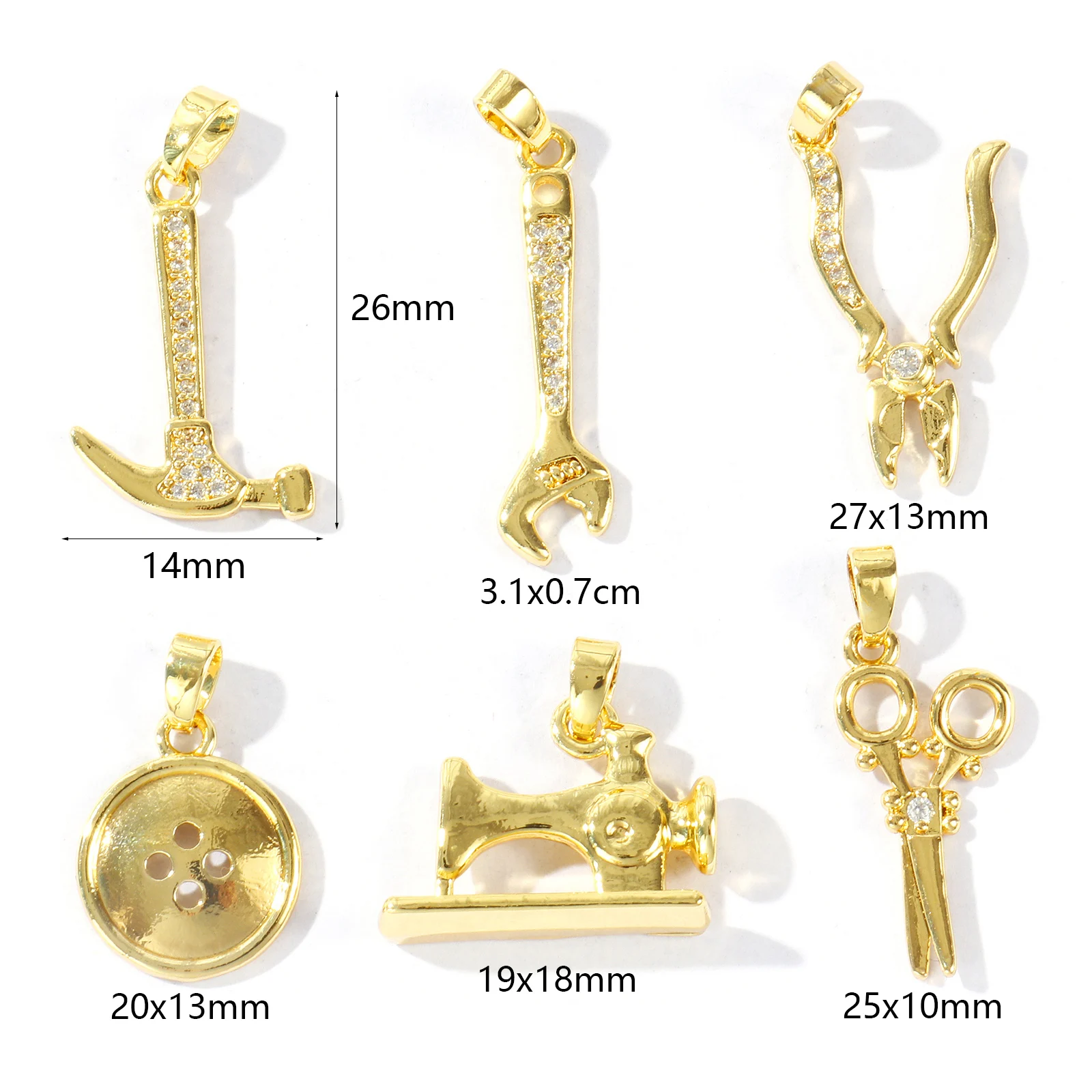 2pcs Brass Charm 18K Gold Plated Hammer Button Shaped Micro Pave Clear Cubic Zirconia Pendants DIY Necklace Jewelry Findings