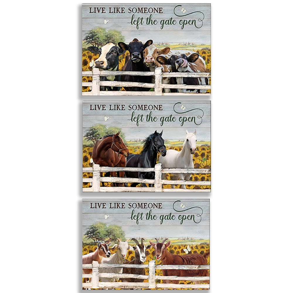 Goat, horse, donkey, highland cow poster, inspirational wall farmhouse sunflower life is like someone leaving the gate open art