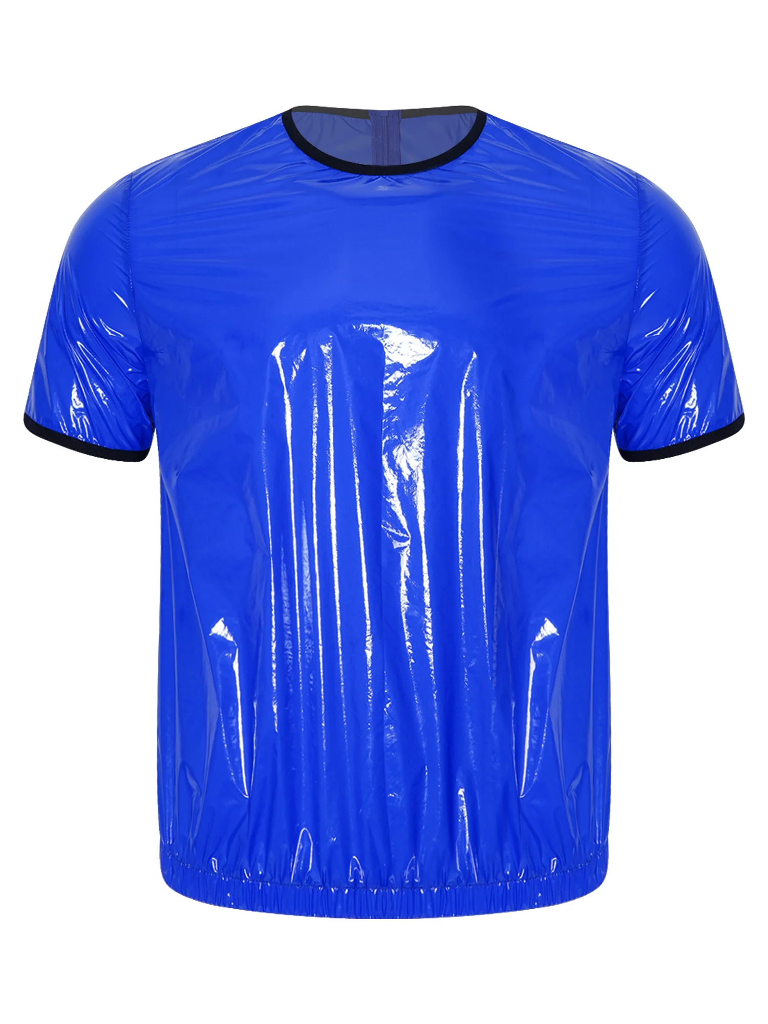 Men Shiny PVC Waterproof 2 Piece Set Contrast Trim Short Sleeve Top and Boxer Briefs Quick Dry for Pool Party Clubwear