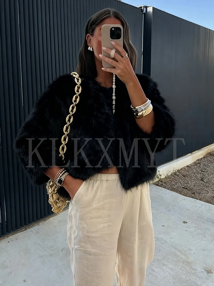 فو الفراء معاطف قصيرة المرأة موضة كم طويل زغب الفراء الدافئة جواكت شتوية للنساء 2025 أنيقة ملابس خارجية جديدة غير رسمية #2