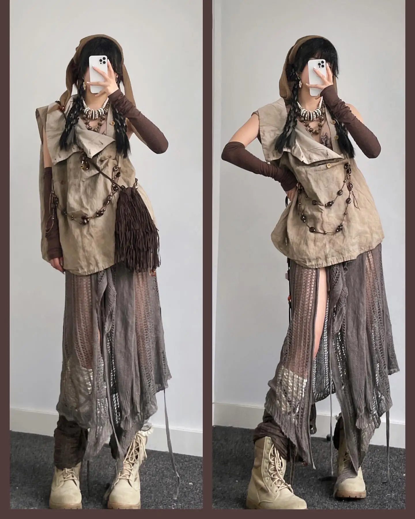 Fashion High Street Retro Designer Loose Distressed Wasteland Style Dress Waistcoat Shawl Women's Clothing