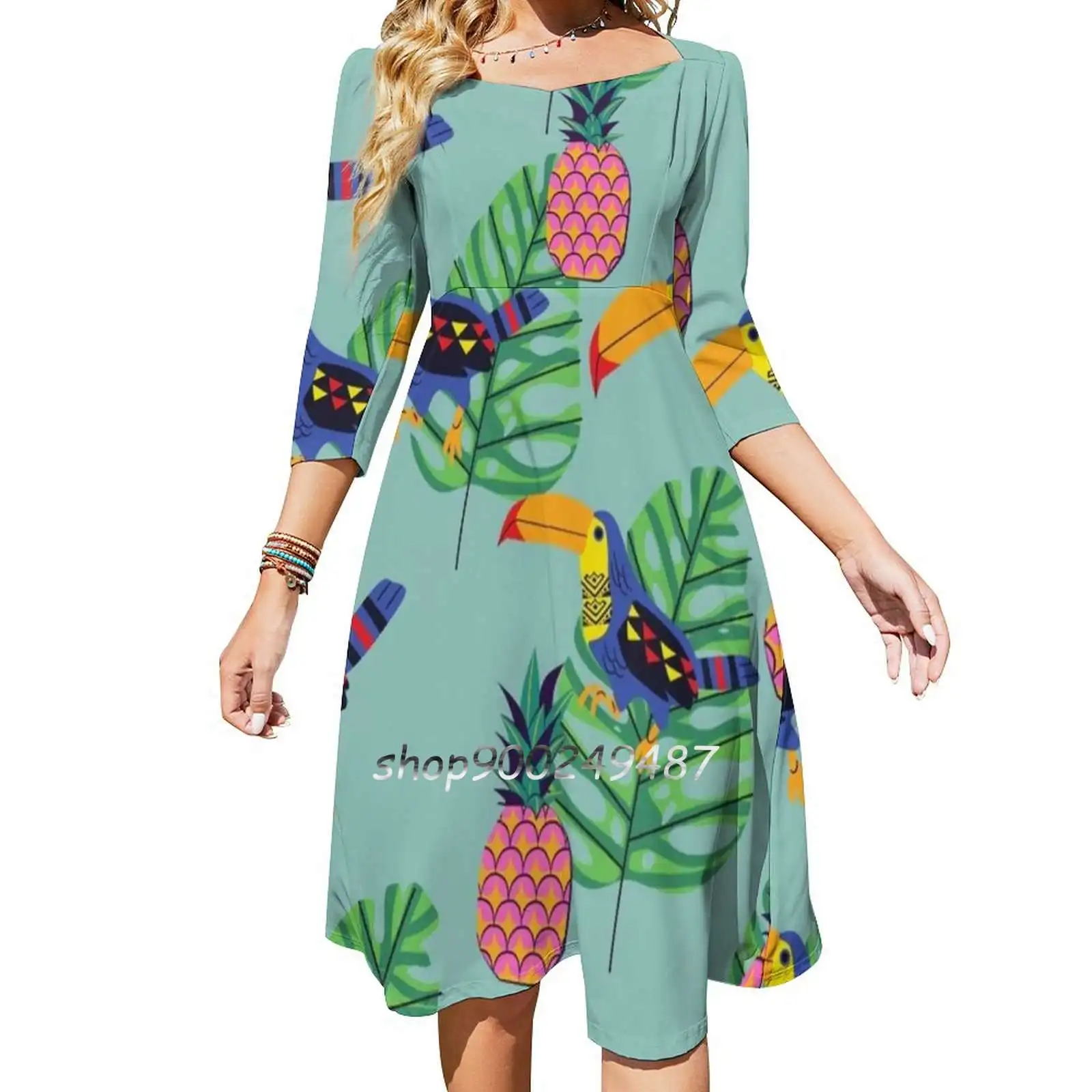 

Toucan Vibes Flare Dress Square Neck Dress Elegant Female Fashion Printed Dress Toucan Toucan Lover Tropical Birds Pineapple