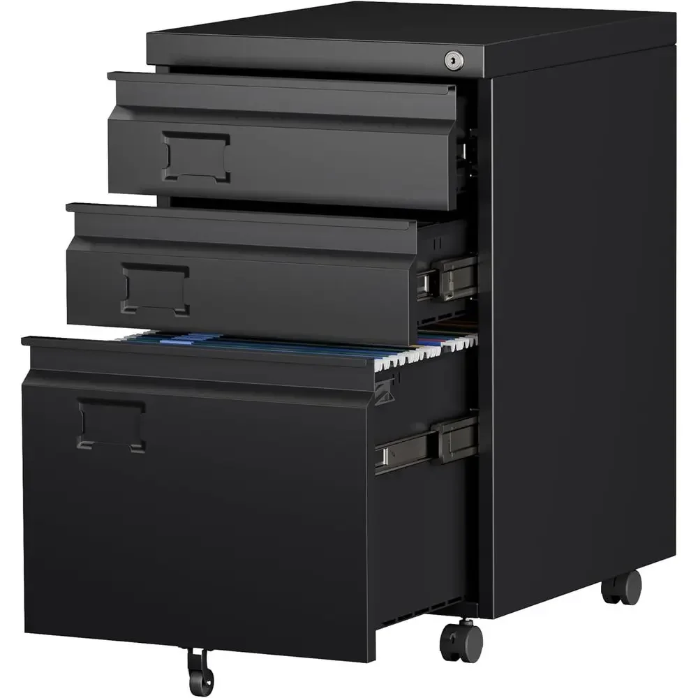 Under Desk Mobile Filing Cabinet with Lock, Assembled, Black for Home Office or School
