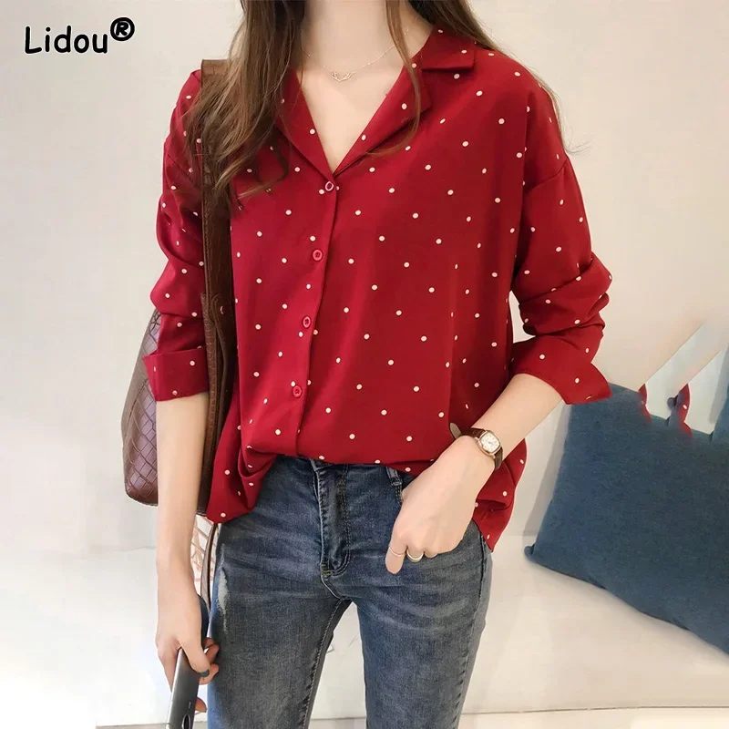 

Office Lady Turn-down Collar Slim Long Sleeved Polka Dot All Season Women's Clothing 2022 New Trend All-match Fashion Shirts