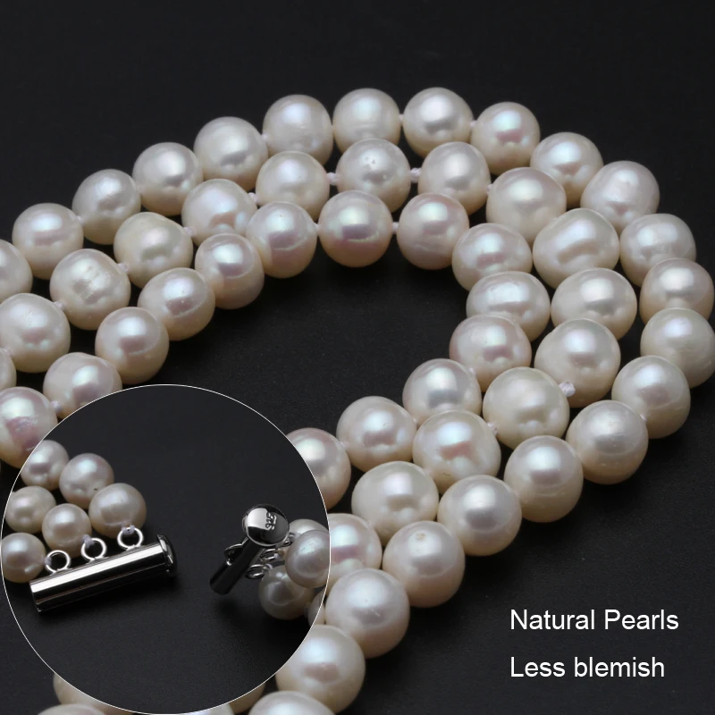 3 Rows Natural Freshwater Pearl Necklace Women,White 925 Silver Pearl Necklaces Wife Mother Anniversary Gift