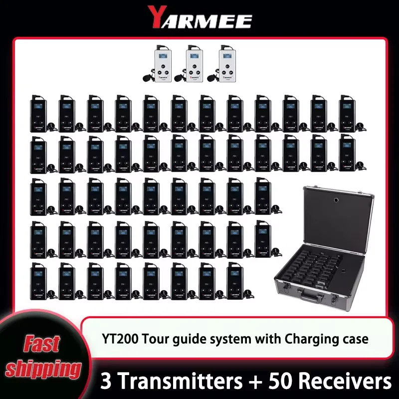 YARMEE YT200 Wireless Tour Guide System 3 Transmitter + 50 Receiver With Microphone Earphone Charger case For Hajj Travel agency