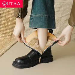 QUTAA 2025 News Women Ankle Boots Round Toe Cow Leather Motorcycle Warm Wool Short Boots Winter Low Heel Shoes Size 34-40