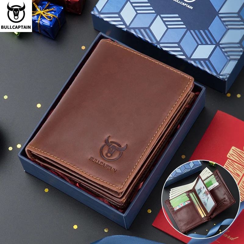 BULLCAPTAIN Men's Genuine Leather Wallet New RFID Locomotive British Leisure Multi Card Bag Large Capacity Waist Leather Wallet