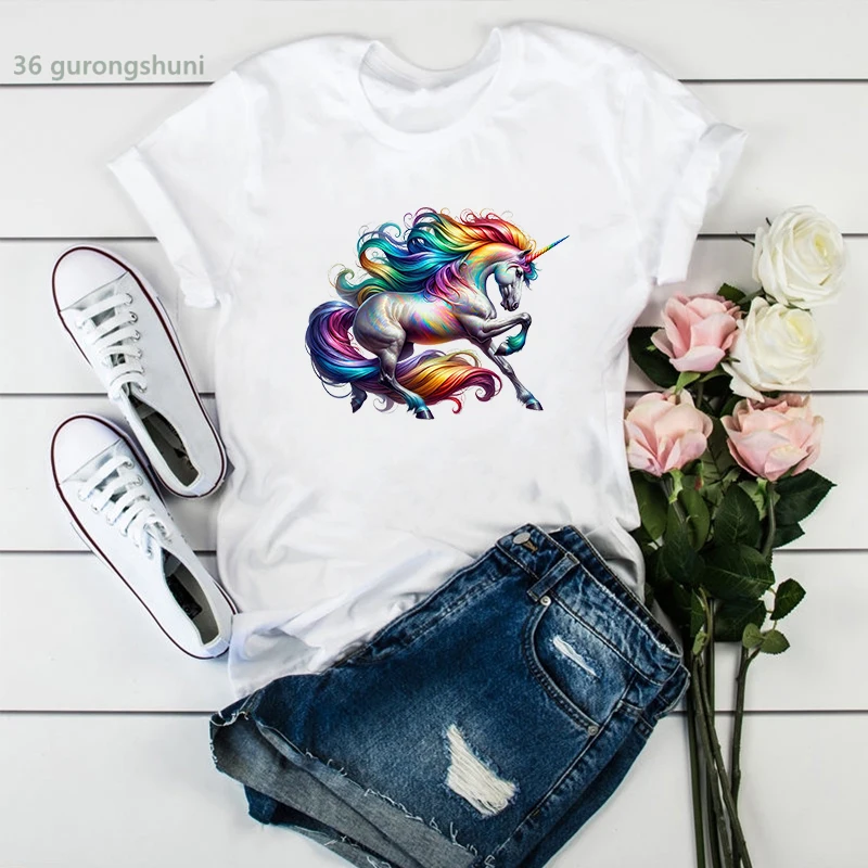 Regenbogen Einhorn Gedruckt T Shirt Mädchen Sommer Kurzarm T-shirt Frauen Lustige Kawaii Kleidung T-Shirt Femme Streetwear