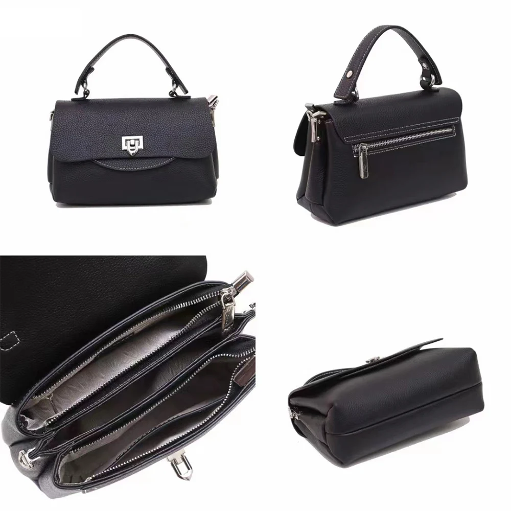 Fashion Versatile Metal Buckle Bag High Capacity Solid Leather Zippered Commuter Crossbody Office Outdoor Bag Handbag