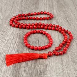 8mm Natural Black Line Red Pine Necklaces Set Fashion Handmade Knotted Tassel Pendant Charm Beaded Bracelet Yoga Spirit Jewelry