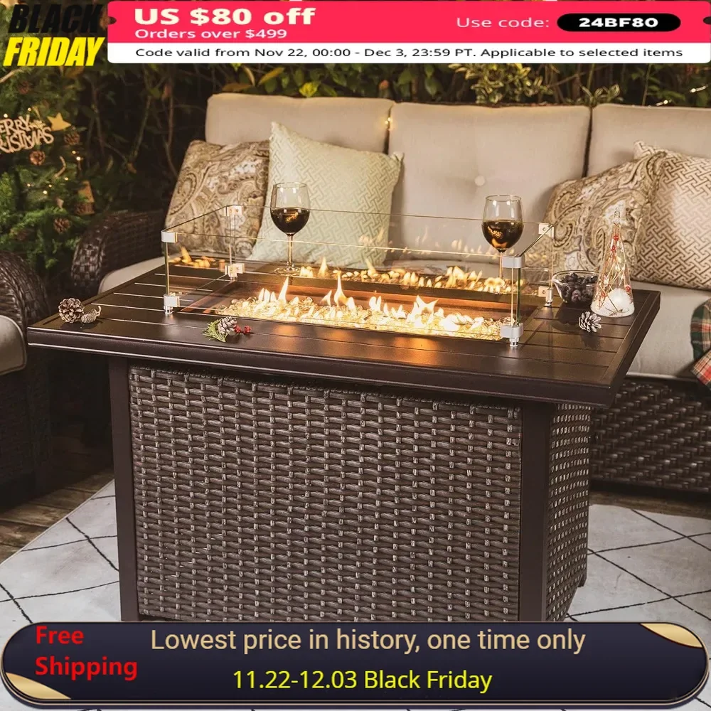 43-inch Fire Pit Table, Aluminum Tabletop, PE Rattan Weaved Steel Frame, Water-Proof Oxford Cover, Glass Beads, Fire Pit Table