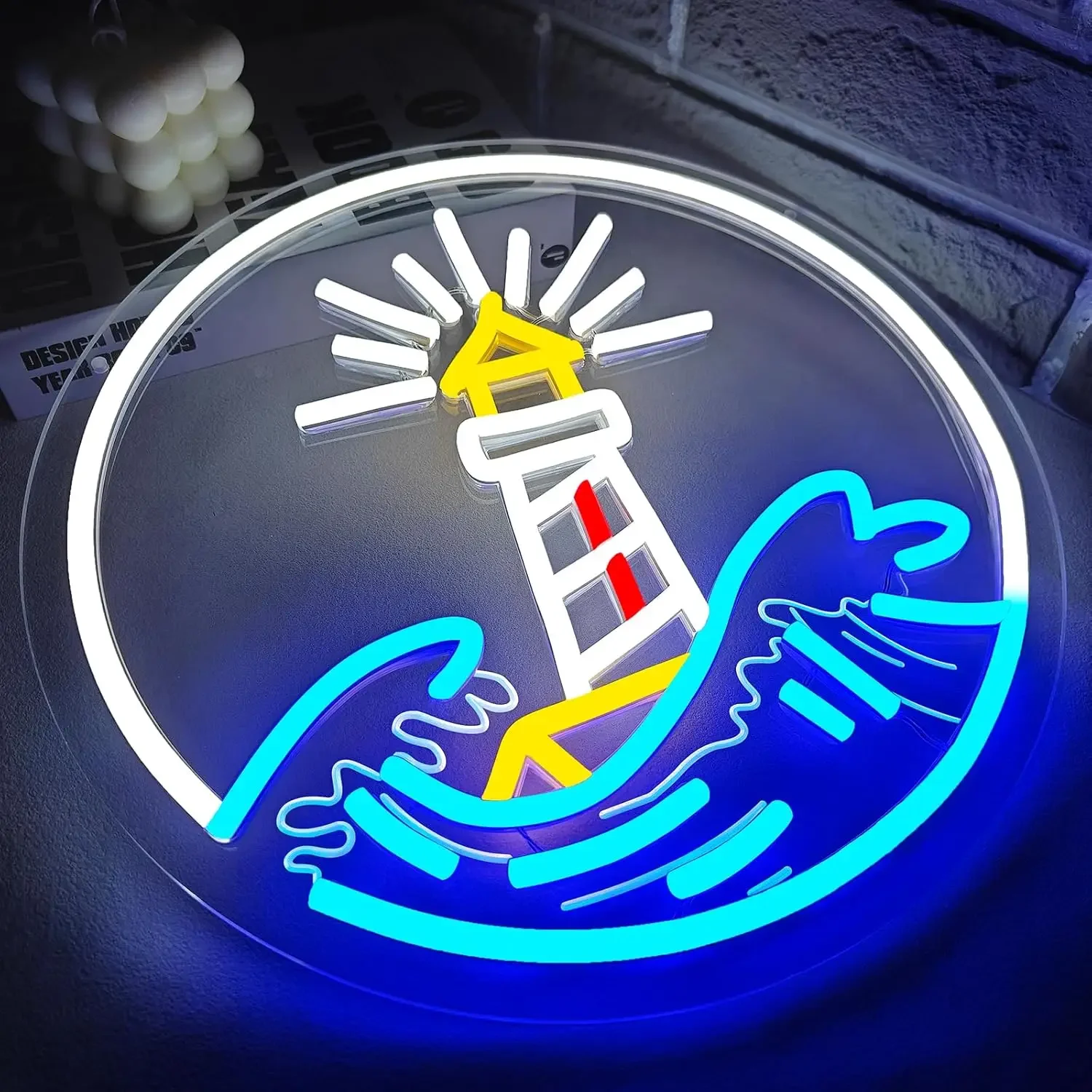 Lighthouse Ocean Wave Neon Sign Round LED Wall Art Acrylic USB Powered Dimmable Light For Beach House Nautical Themed Room Decor