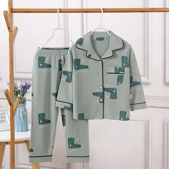 Children's Spring Soft Cotton Pajamas Set Boys Girls Cute Cartoon Print Long Sleeve Lapel Sleepwear Baby Casual Loose Nightwear 6