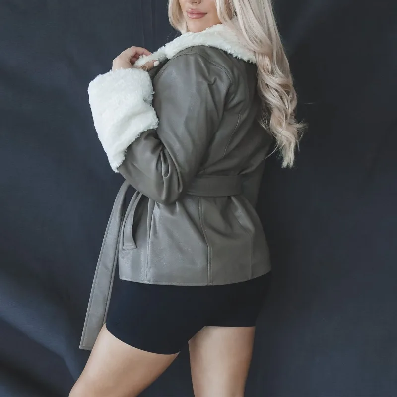 Winter PU Leder Revers Jacke Solide frauen Jacke Lange Ärmeln Spitze Up Fleece-gefüttert Jacke Neue Stil elegante Frauen Top