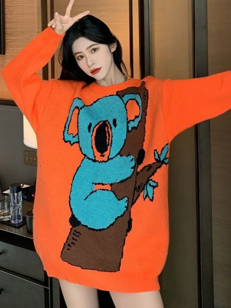 Winter Loose Oversize Koala Bear Jacquard Sweater Orange Cute Cartoon Y2K TOP E-girls Korean Sweet Women Casual Pullover Jumper