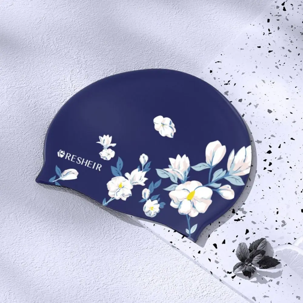 Rose Flower Swimming Cap Long Hair Vintage Style Printed Swimming Cap Breathable Lightweight Silicone Swimming Cap