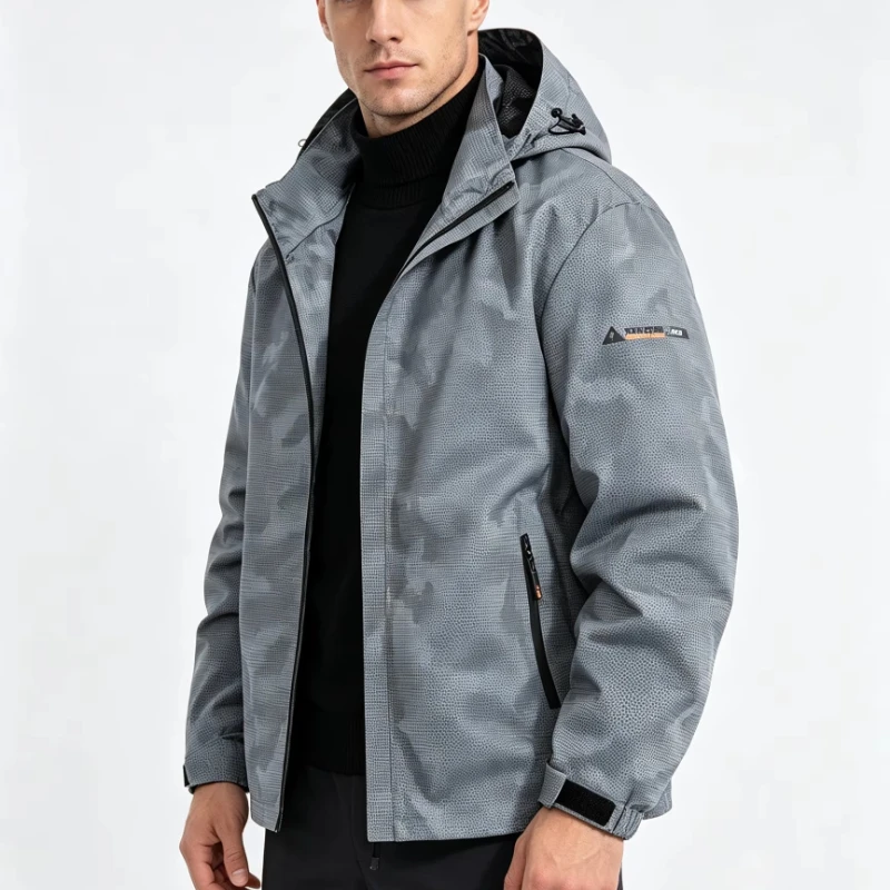 Men's Camouflage Hooded Windbreaker Jacket Autumn Spring Full Zip Mesh Lined Multi Pockets Outdoor Casual Waterproof Sports Coat