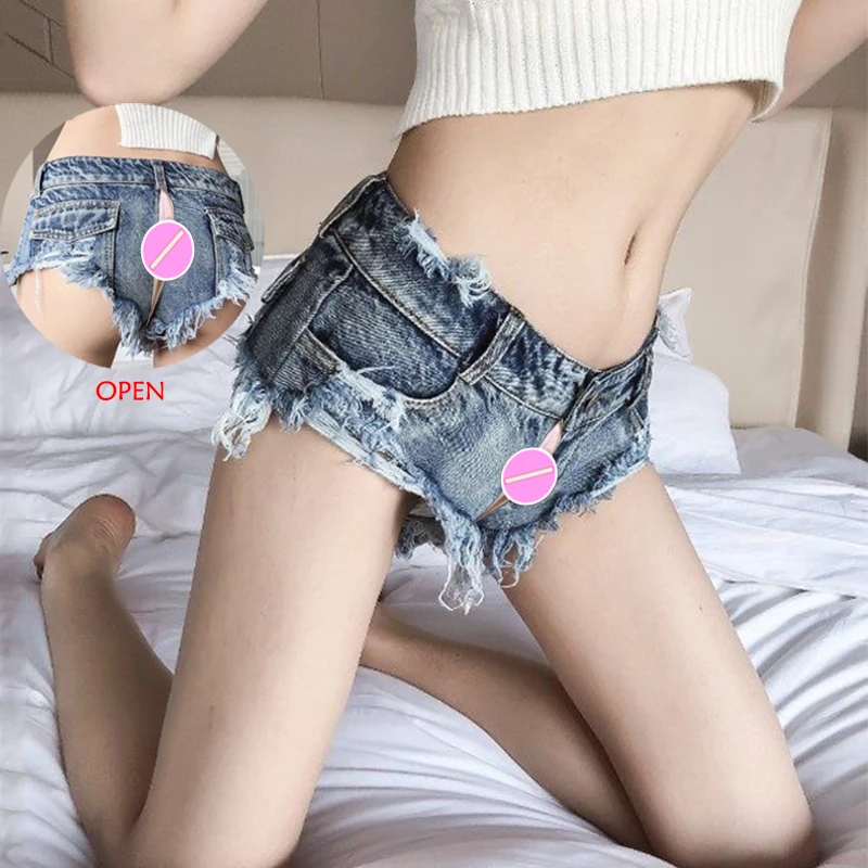 

Женские Пикантные мини-шорты с открытой промежностью, джинсовые шорты без промежности для улицы, Невидимые сексуальные брюки на одной молнии, джинсы с вырезами, эротический костюм