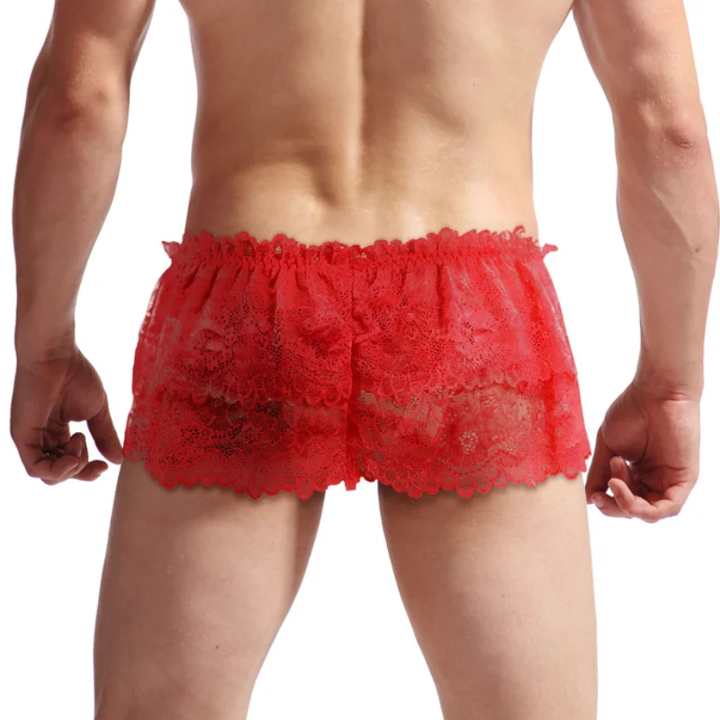 Men\'s Sex Skirts Underwear Crossdressing Sissy Panties Lace Double-Layer Translucent Boxers U Convex Pouch Lingerie Underpants