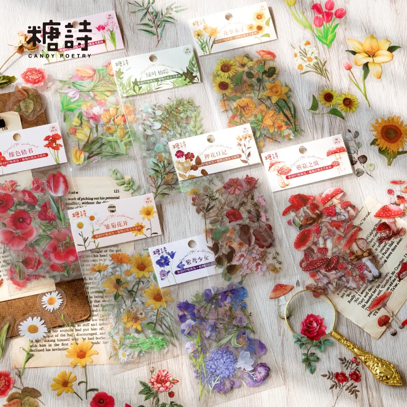 40 Piece/Pack Colorful Flower Retro Art Handbook Diary DIY Decoration PET Sticker for Album Notebook Girl Decorative Supplies