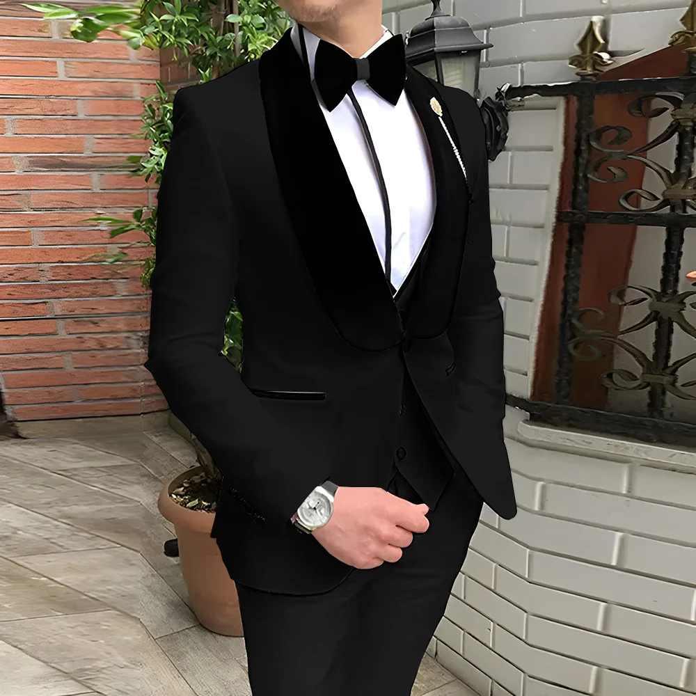 Elegant Men\'s White Suit 3 Piece Suit Wedding Tuxedo Velvet Collar Jacket Pants Vest Bow Tie Formal Groom\'s Party Blazer Custom