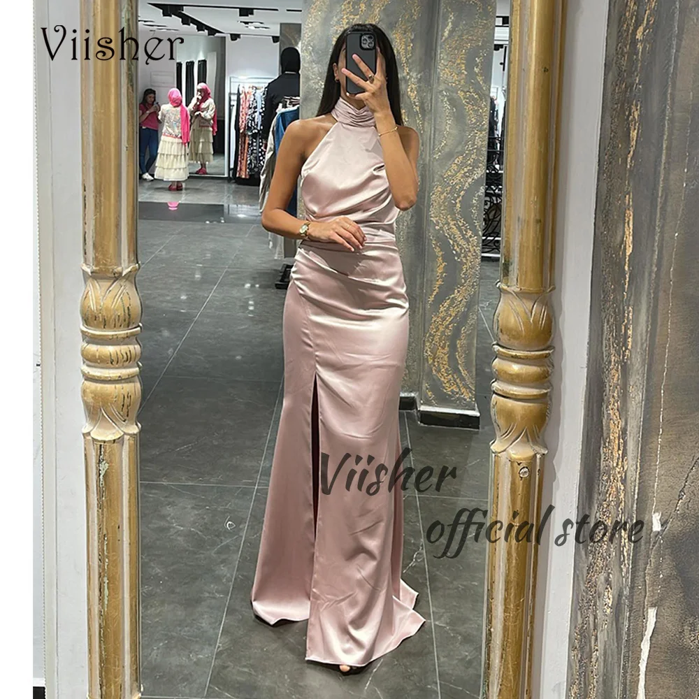 

Viisher Halter Satin Mermaid Evening Dresses with Slit Tight Long Dubai Prom Party Dress with Train Evening Formal Gowns