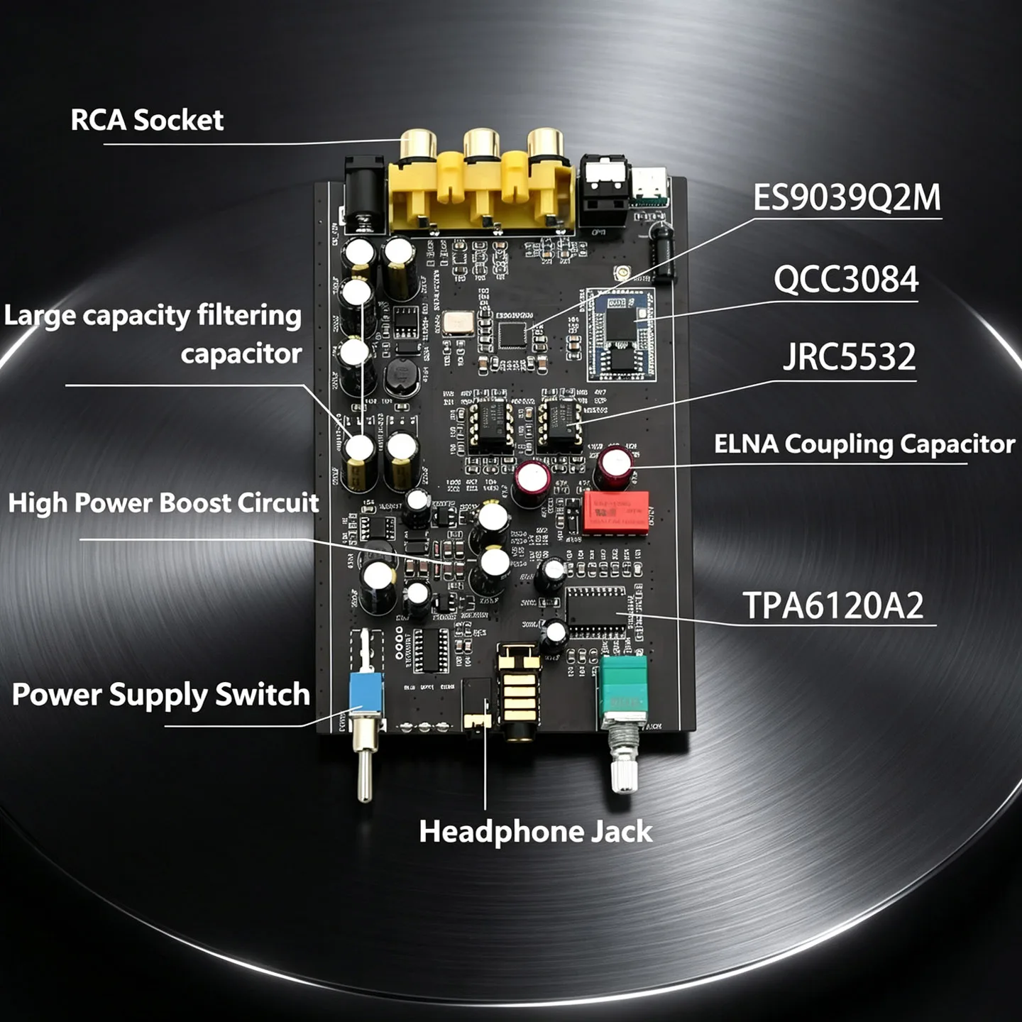 YJCO DAC Kopfhörerverstärker HIFI QCC3084 Bluetooth 5.4 ES9039 Koaxial-Faser-USB-Eingang 24bit 96K DC12V Kopfhörerverstärker – Detail 7