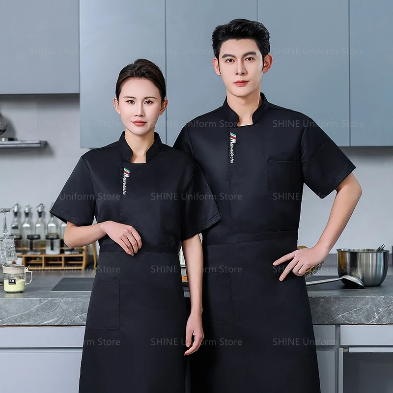 Uniforme de Chef blanc, manteau de Chef à manches courtes, T-shirt, veste de Chef d'hôtel, Restaurant, boulangerie, vêtements de cuisine respirants, Logo