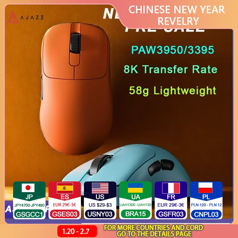 AJ179 Apex Wireless Mouse AJAZZ 58g Lightweight Long battery life New Release Multi-mode Bluetooth 2.4g PC MAC Gaming Office