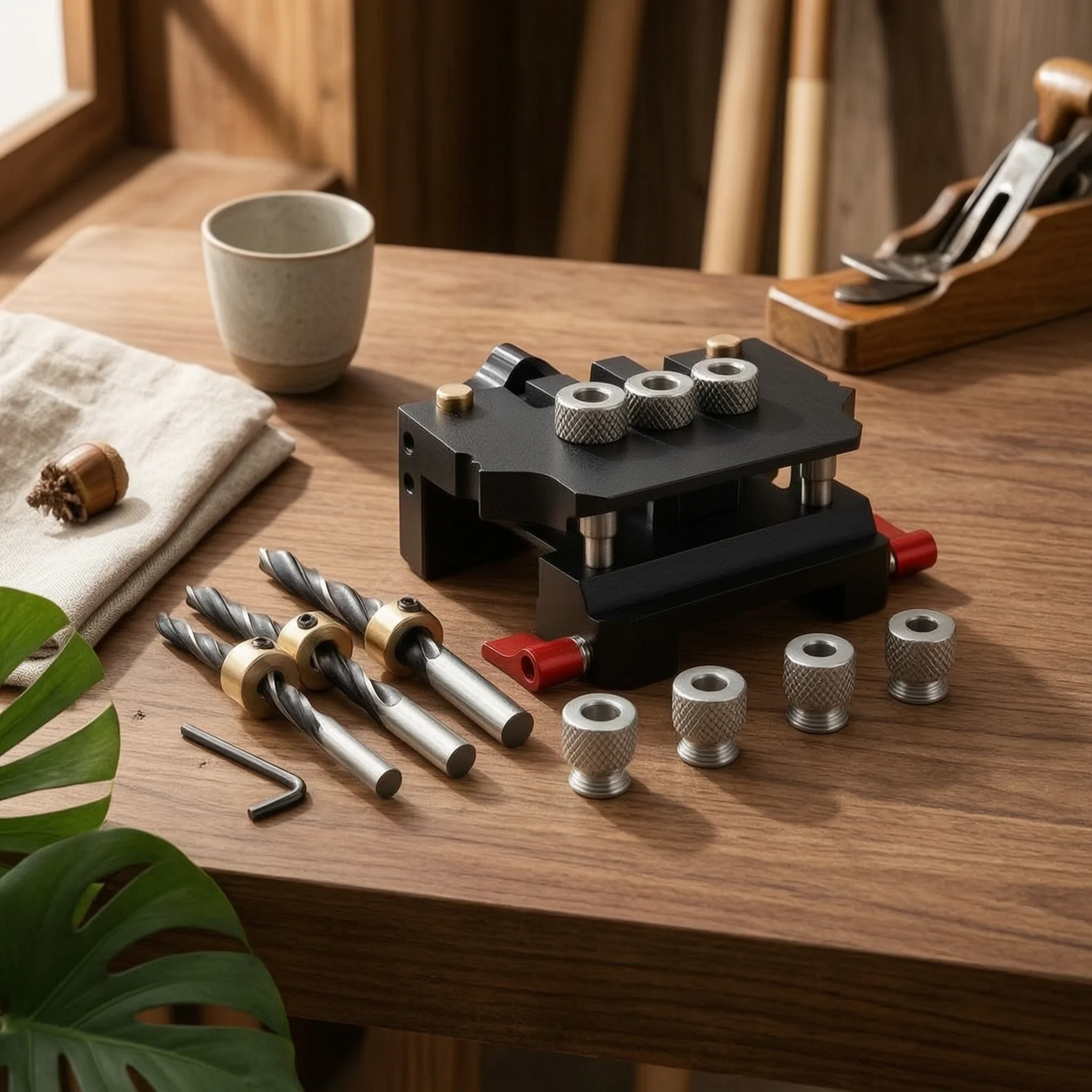 board-joint-drilling-jig-red-adjustment-knobs-auto-centering-drilling-jig-hole-aligner-knurled-metal-bushings
