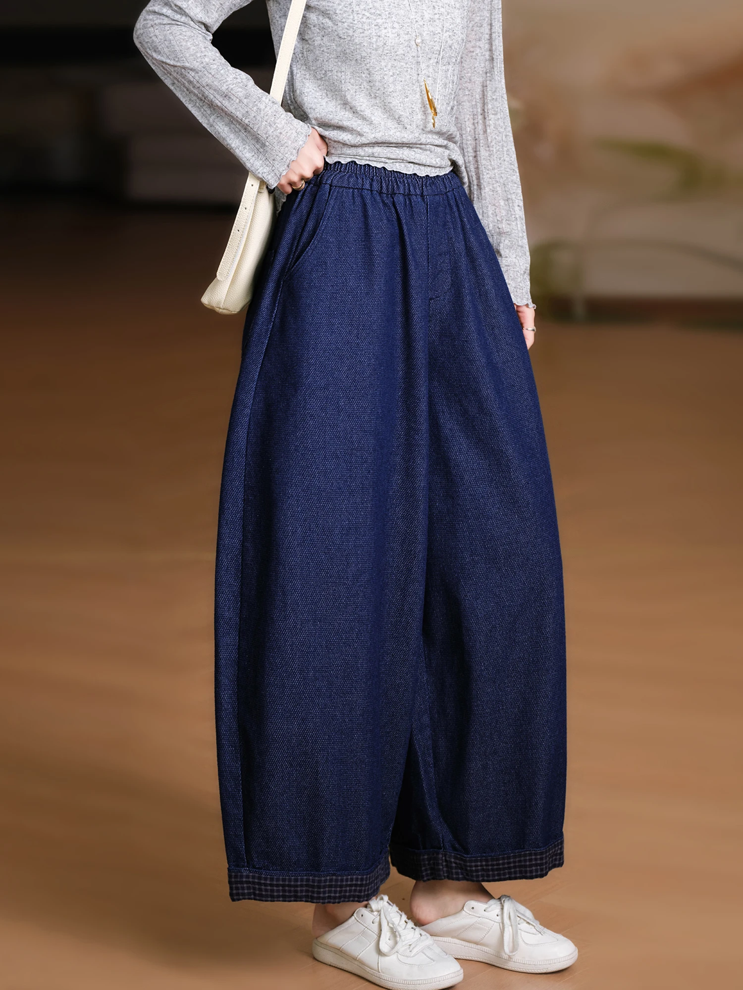 

Artistic Retro Blue Cotton Plaid Patchwork Elastic Waist Wide Leg Balloon Pants Women's Fashion Spring Season Ladies Jeans