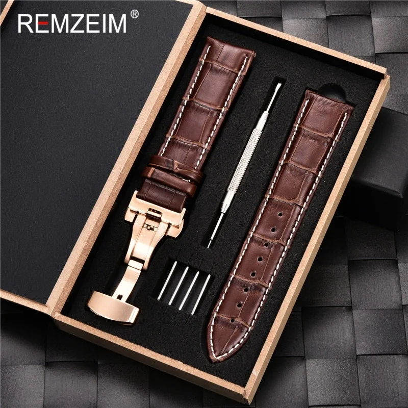 REMZEIM kordonlu saat 16 17 18 19 20 21 22 23 24mm buzağı hakiki deri kayış Watchband kutusu ile saat kayışı izle aksesuarları