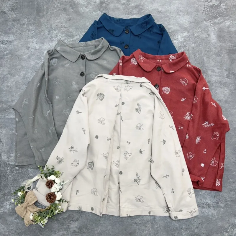 Johnature New Spring Autumn Cotton Linen Mori Casual Print Turn-down Collar Women Tops 2024 Simple Loose Female Shirts