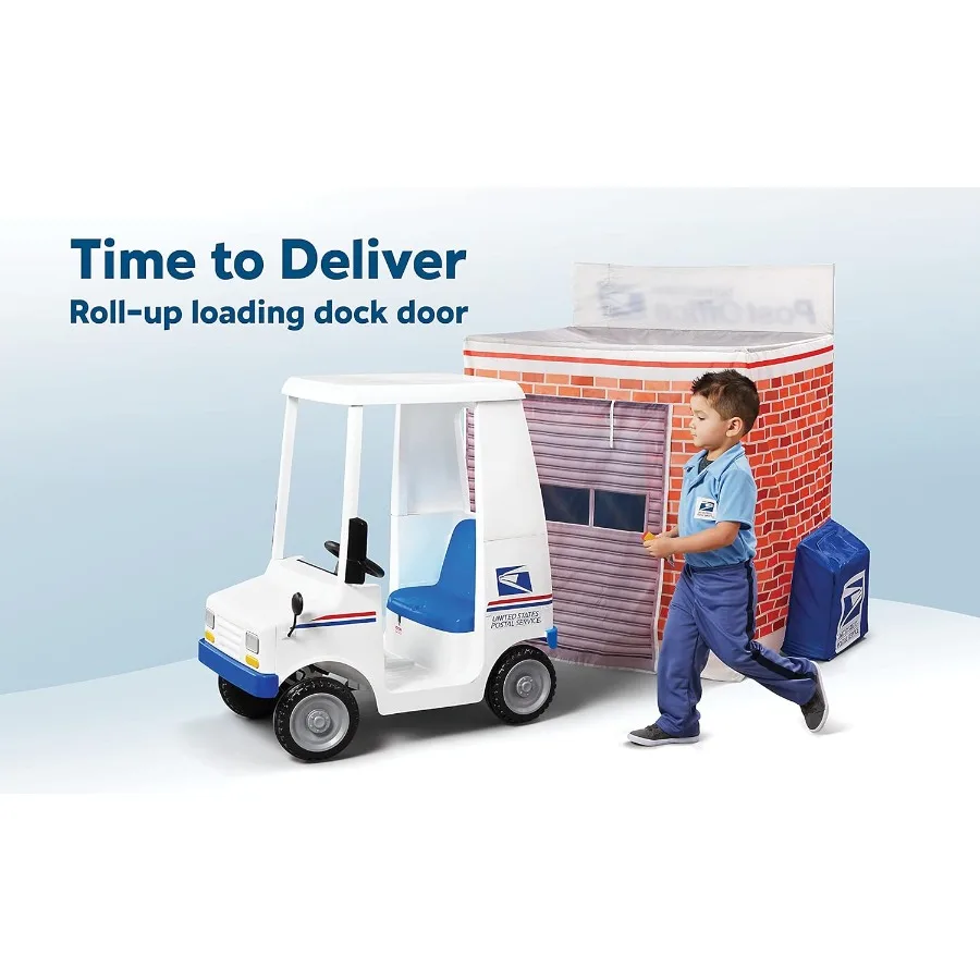키드 트랙스 USPS 플레이 텐트 (텐트 하우스용), 앞뒤 개방형 대형 우편함, 휴대용 케이스 포함 우편 트럭