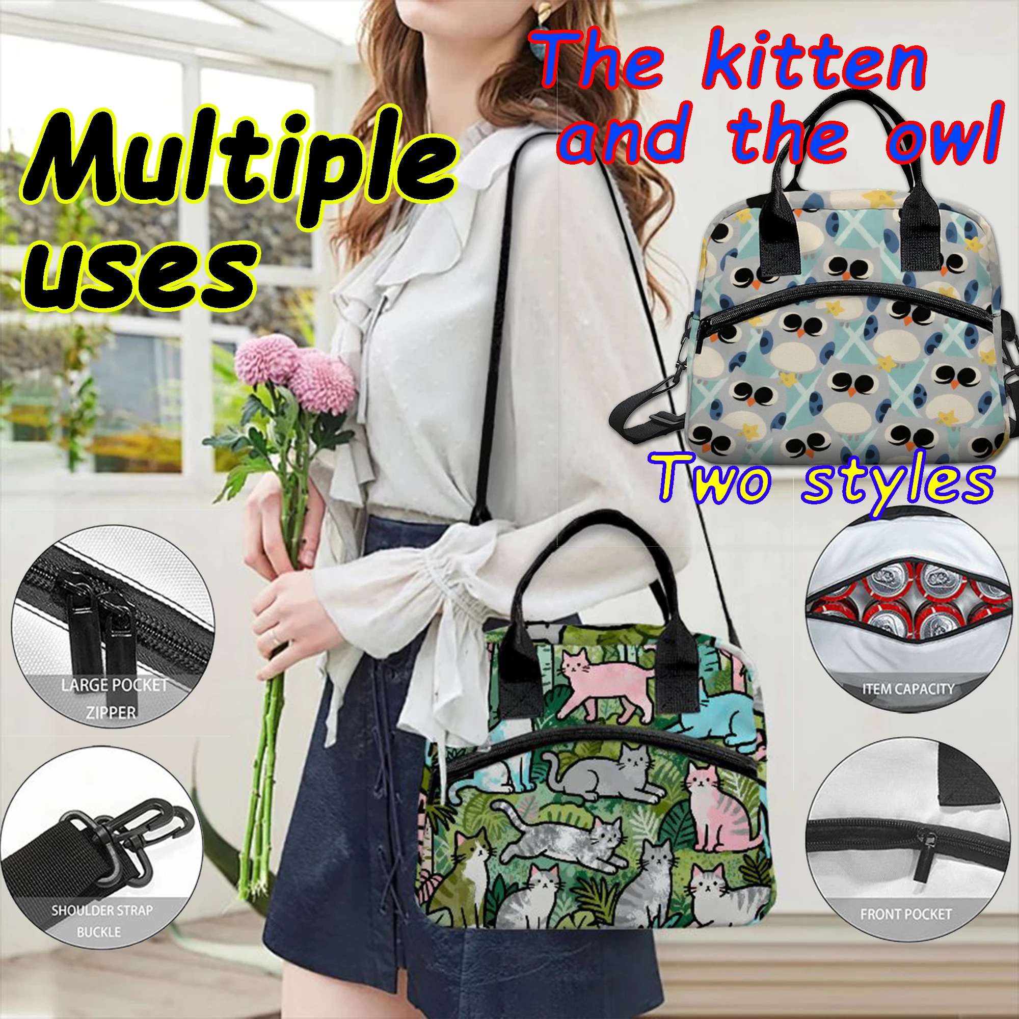 

Lunch bag, handbag, shoulder bag, kitten, owl, animal elements, large capacity, high quality, gift, cute, stylish