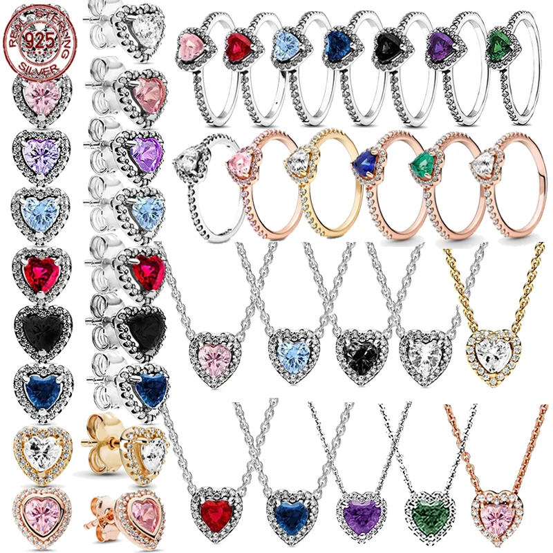 New 925 sterling silver heart-shaped colored crystal zircon ring necklace earrings, luxurious and charming women's jewelry gift