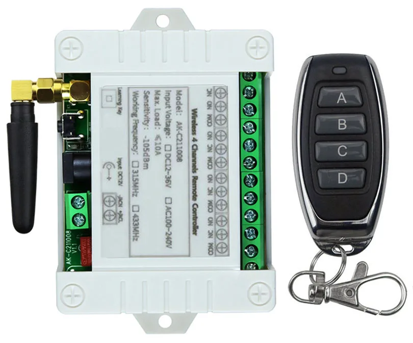 Smart Multiple DC 12V 24V 36V 10A 433 МГц 4-канальный 4-канальный беспроводной реле RF пульт дистанционного управления приемник + металлический передатчик