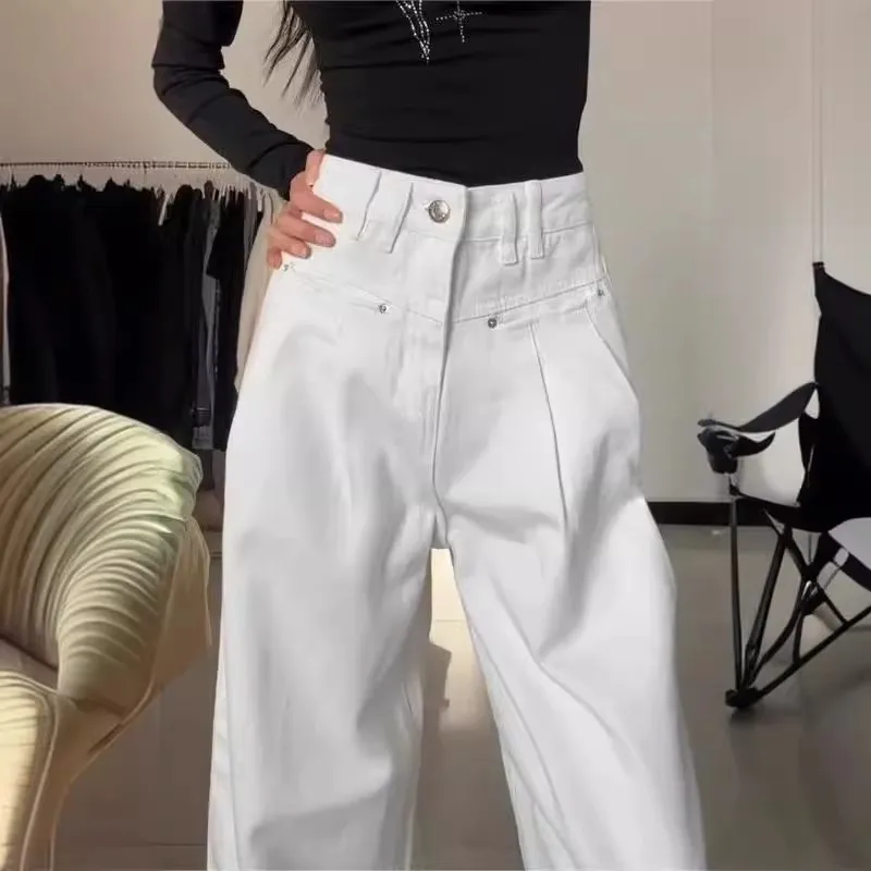 

Spring 2026 High Waist Straight Leg White Denim Jeans Women's Folded Design Loose Floor-Length Wide Leg Pants Cotton Stretch