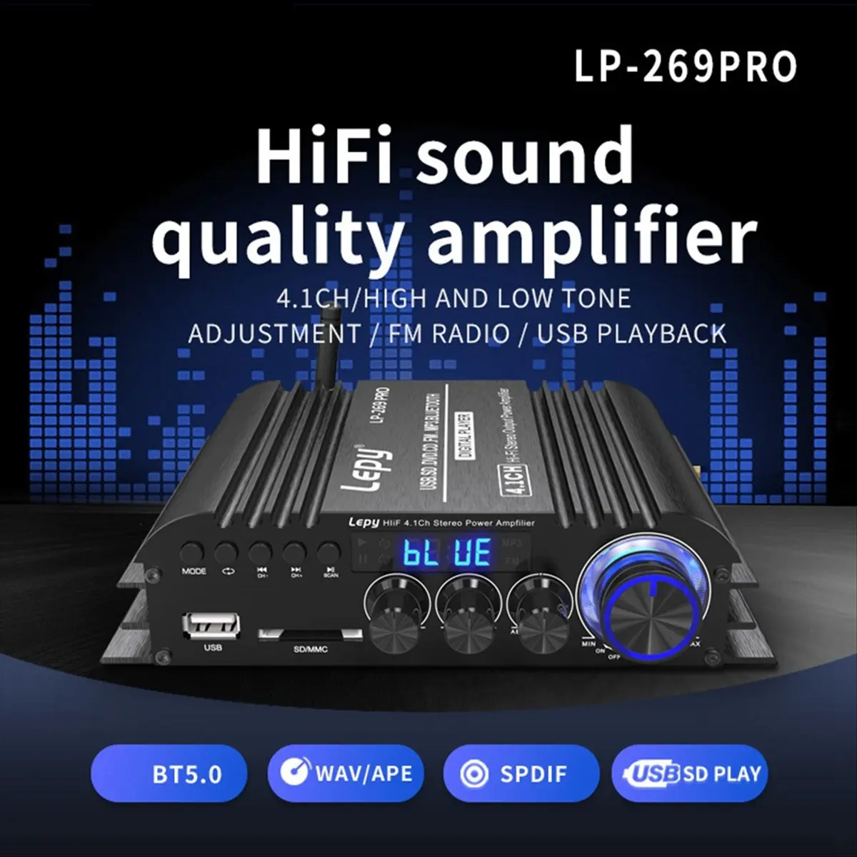 HAPPY DIAN! LP-269 PRO 4.1 Channel Bluetooth Amplifiers for Home Car Theater Coaxial in USB SD FM Function Subwoofer EU Plug