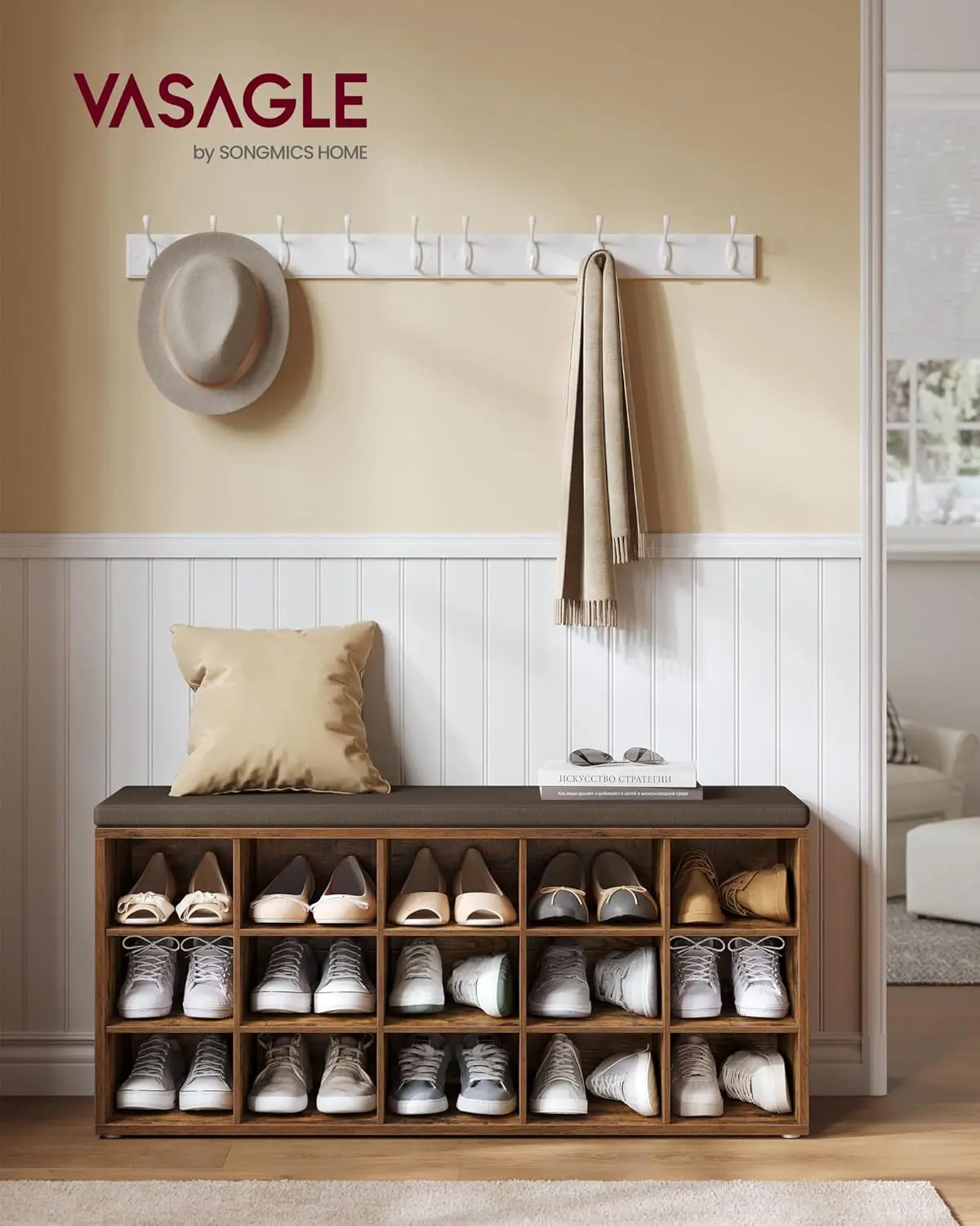 Shoe Bench with Padded Seat, 15 Compartments for Entryway Storage, 41.3 x 18.9 x 11.8 Inches, Rustic Brown