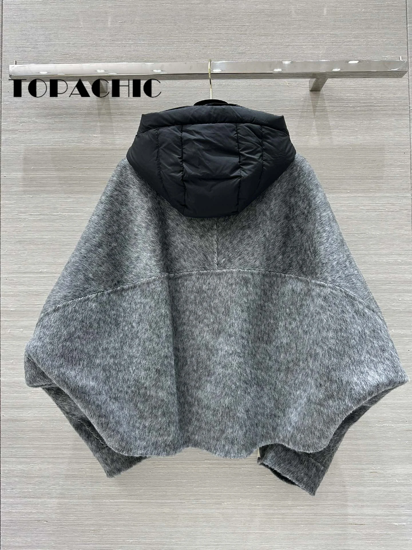 9.25 TOPACHIC-Women Double-Sided Short Capes Coat Fashion Keep Warm Down Ribbon Hooded Spliced Wool Single Breasted Outerwear