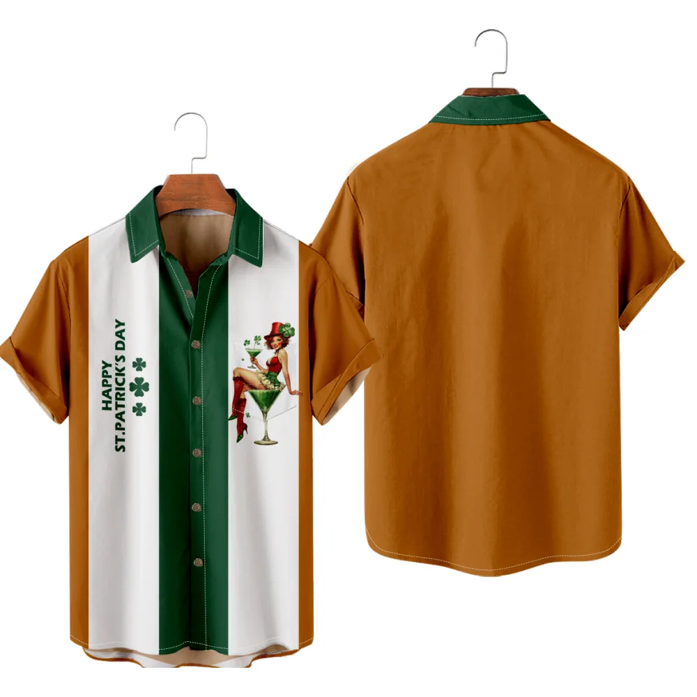 

Men's Casual Shirt St. Patrick's Day Design Patchwork Shirt Y2K Hombre Fashion Summer Shirt Streetwear