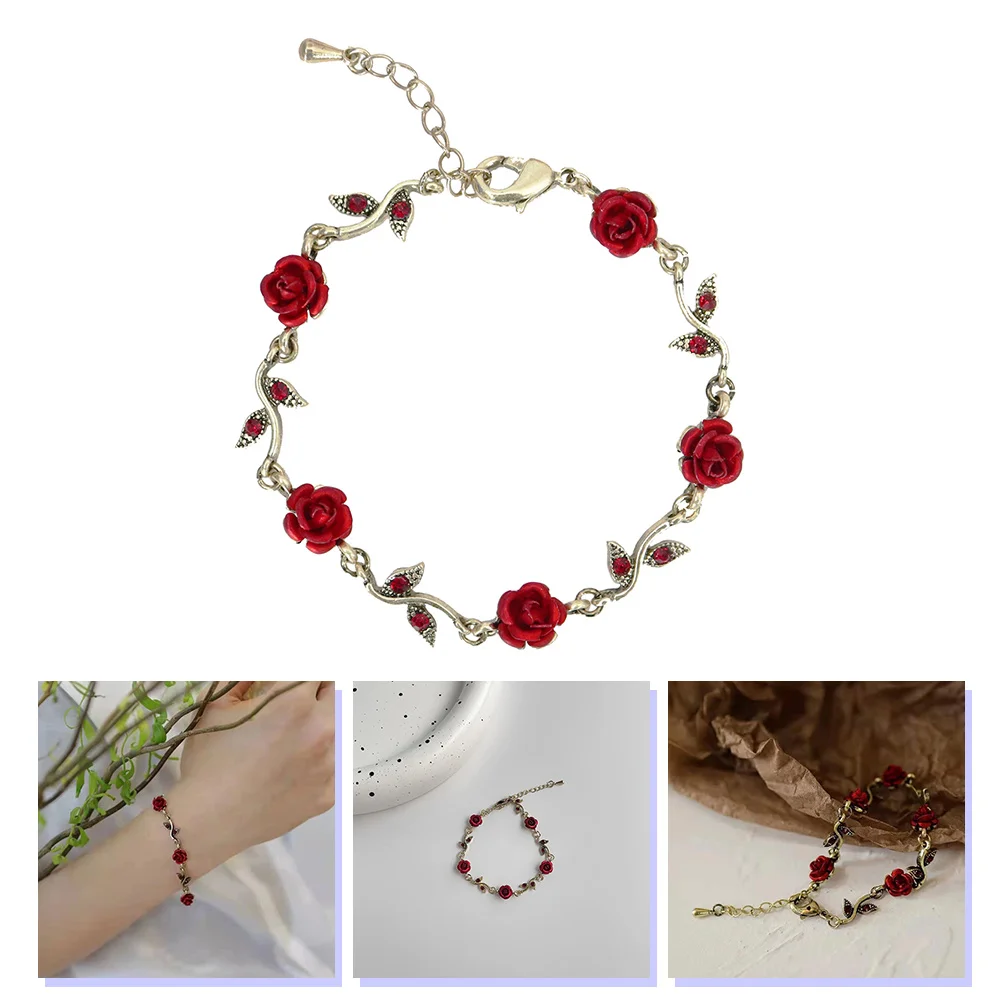 

Red Rose Flower Charm Bracelet Adjustable Valentine's Day Gift Stem Linked Lobster Clasp Style Love Wrist