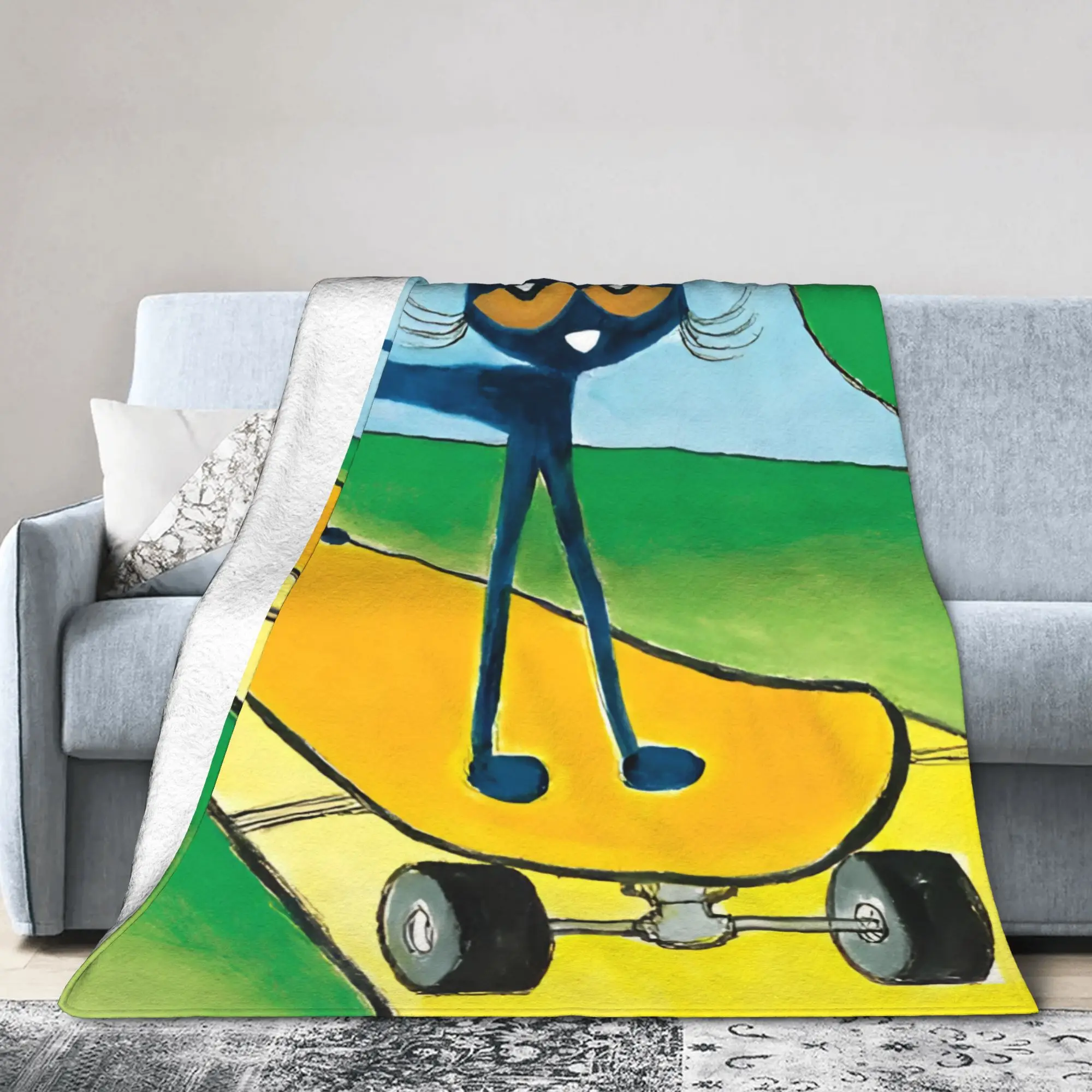 Cartoon Cats Pete the Cat  Blanket Cover Flannel Skateboarding Lightweight Throw Blanket for Home Couch Bedspread